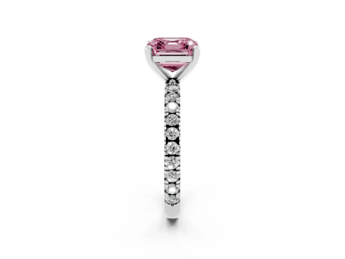 Fancy Pink Asscher Cut Diamond Pavé Band Solitaire with Four-Prong Setting Silver