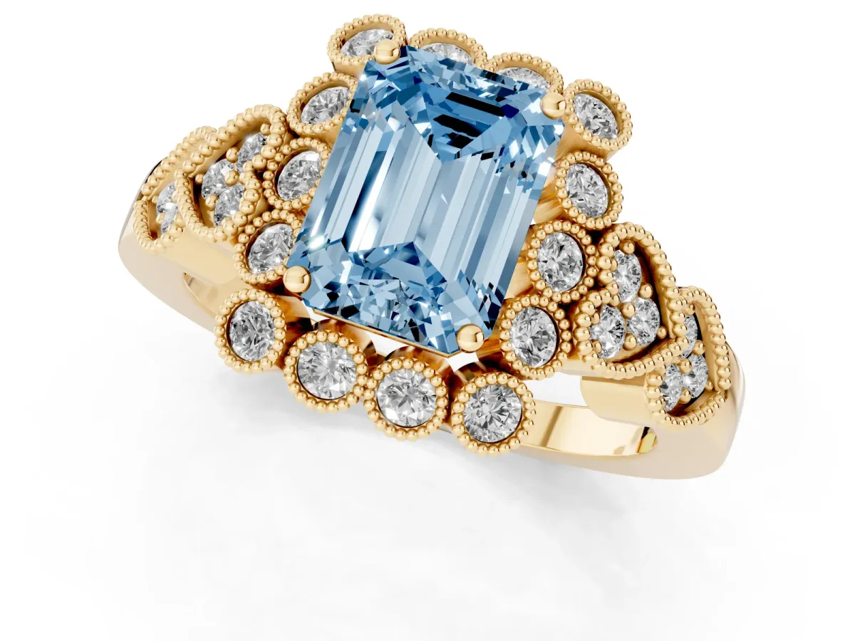 Fancy Blue Emerald Cut Brilliant Milgrain Pave Heart Band Solitaire Ring Yellow gold