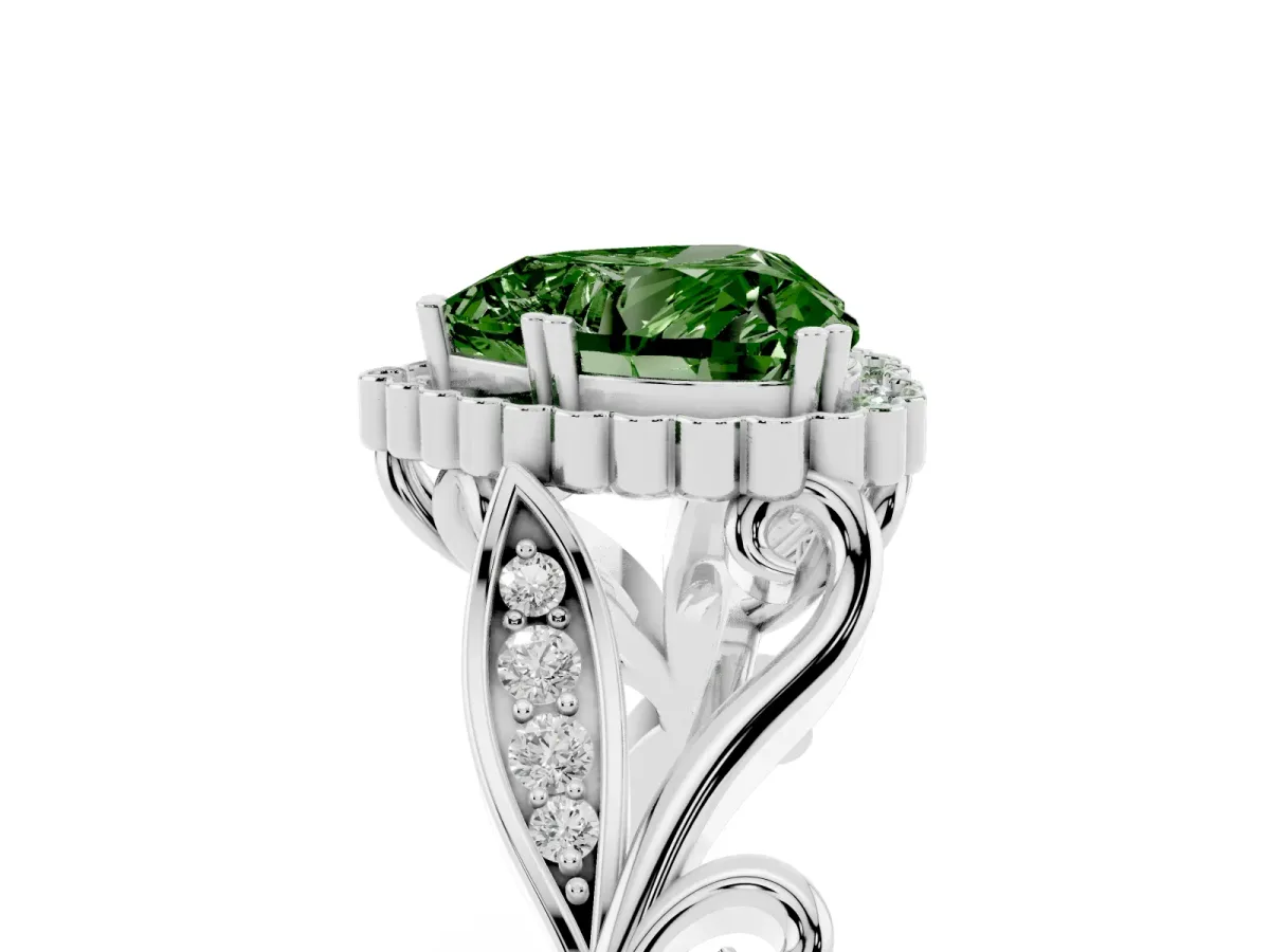 Fancy Green Heart Cut Diamond Halo Ring with Vintage Split Shank and Four-Prong Setting Silver
