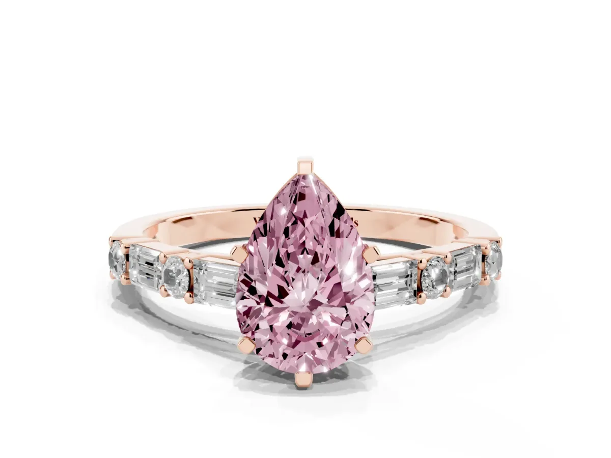 Fancy Pink Pear Cut Diamond Solitaire with Side Baguettes and Channel Set Band Rose gold