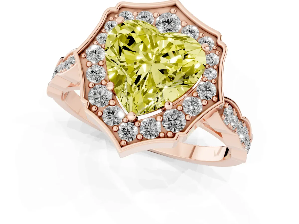 Fancy Yellow Heart Cut Halo Diamond Engagement Ring with Milgrain Band and Four-Prong Setting Rose gold