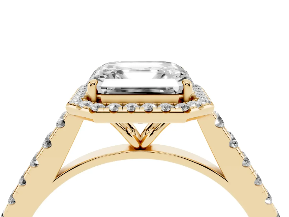 Asscher Cut Halo Pave Diamond Engagement Ring with Four-Prong Setting Yellow gold
