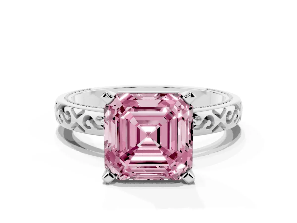 Fancy Pink Asscher Cut Solitaire Engagement Ring with Scrollwork Band and Four-Prong Setting Silver