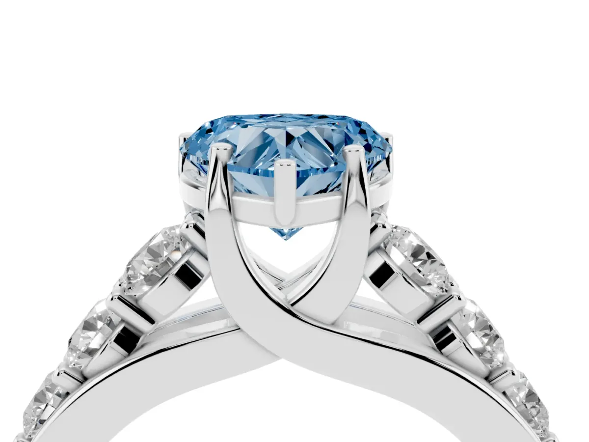 Fancy Blue Heart Cut Diamond Engagement Ring with Pavé Band and Four-Prong Setting Platinum