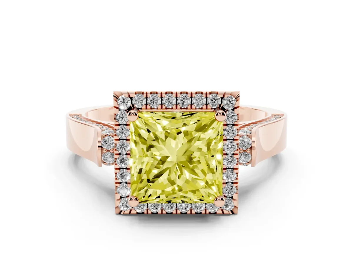 Fancy Yellow Princess Cut Halo Round Diamond Twist Band with Four-Prong Setting Rose gold