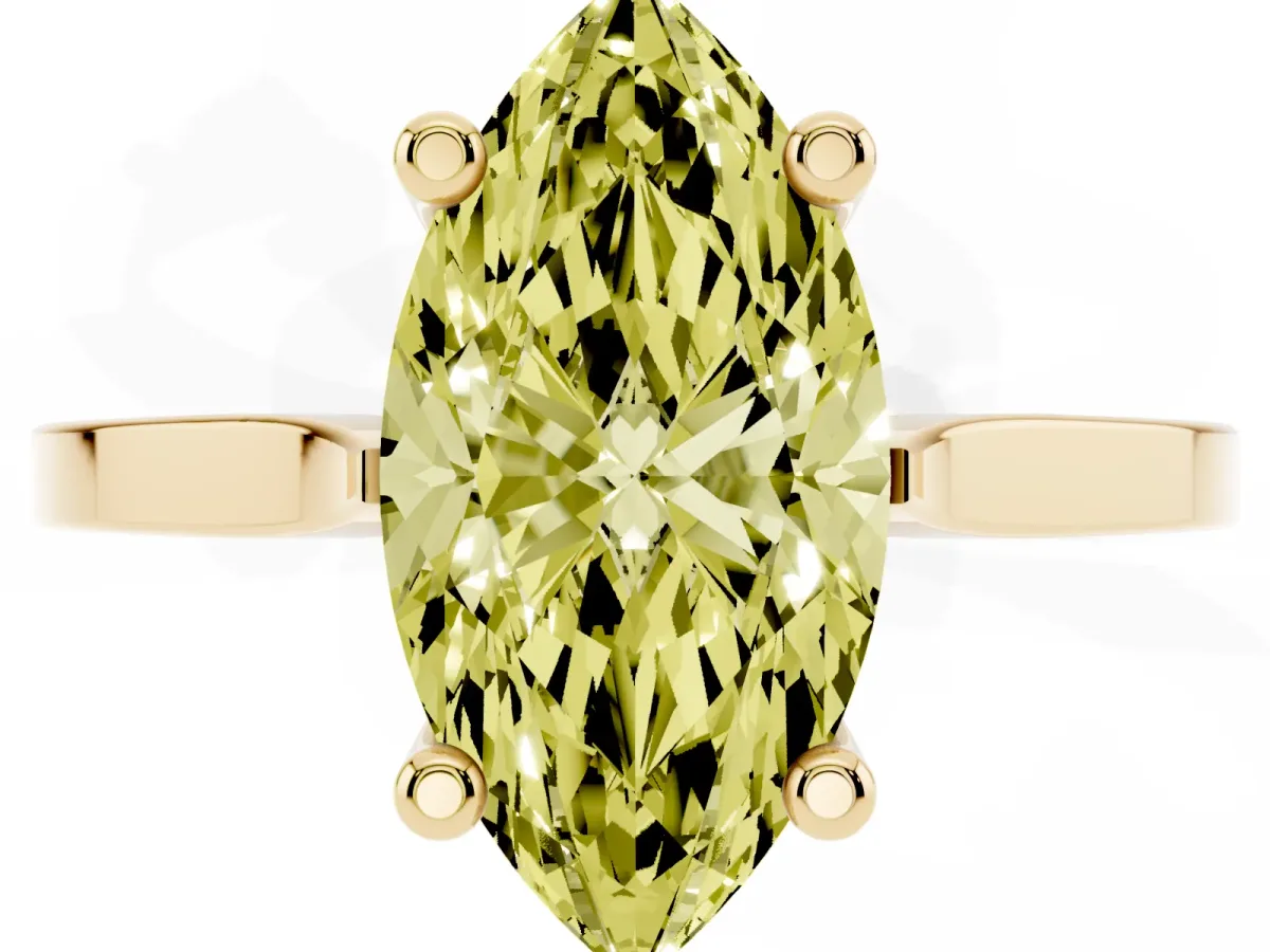 Fancy Yellow Marquise Cut Solitaire Diamond Ring with Four-Prong Setting and Tapered Band Yellow gold
