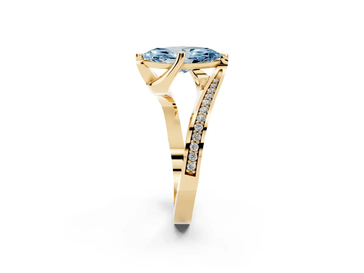 Fancy Blue Marquise Cut Solitaire Diamond Twist Band with Pavé Setting and Four-Prong Setting Yellow gold