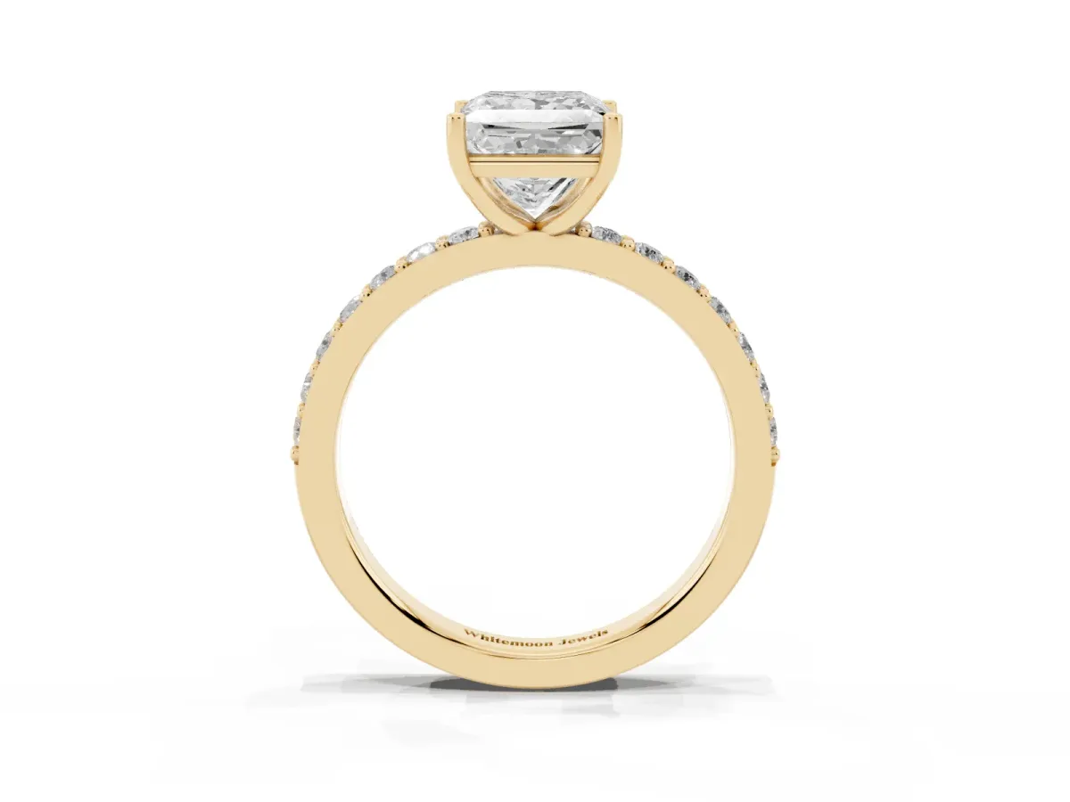 Princess Cut Cut Diamond Solitaire with Pave Band and Four-Prong Setting Yellow gold