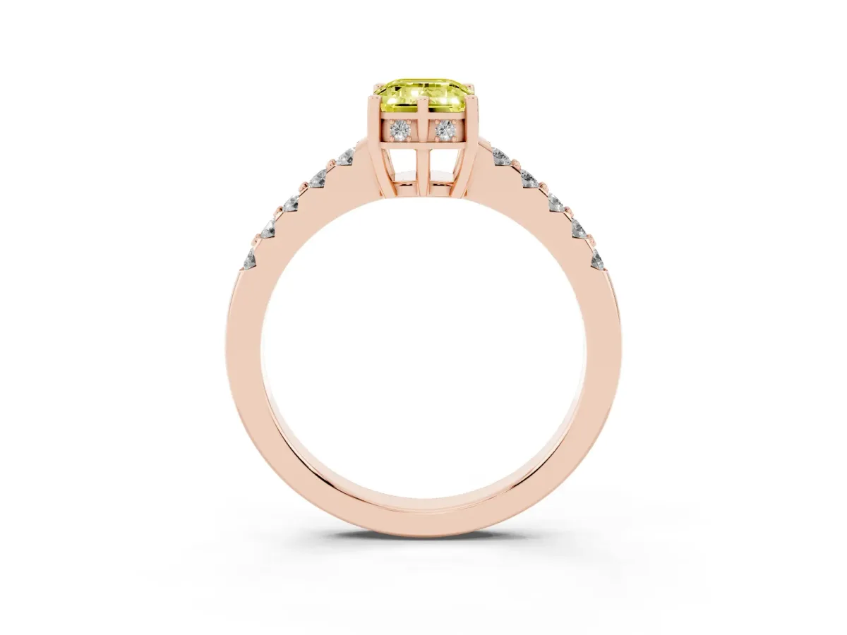 Fancy Yellow Emerald Cut Solitaire Diamond Engagement Ring with Pavé Band and Six-Prong Setting Rose gold