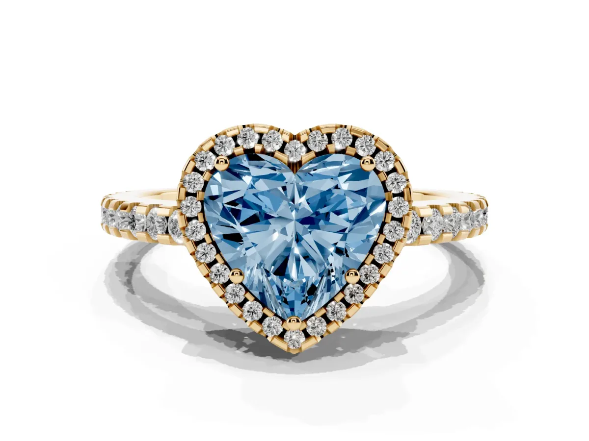 Fancy Blue Heart Cut Diamond Halo Engagement Ring with Pavé Band and Prong Setting Yellow gold