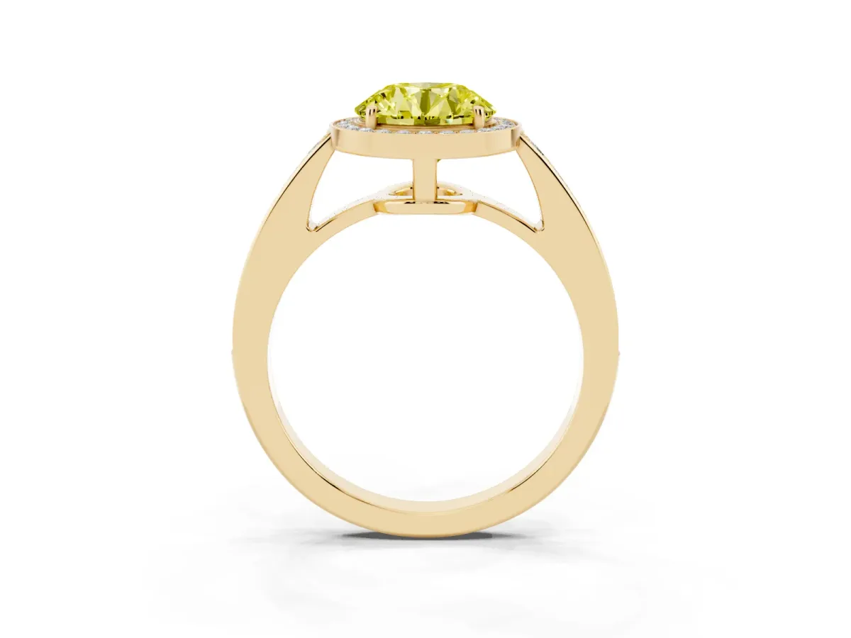 Fancy Yellow Round Cut Halo Pavé Diamond Engagement Ring with Bezel Setting Yellow gold