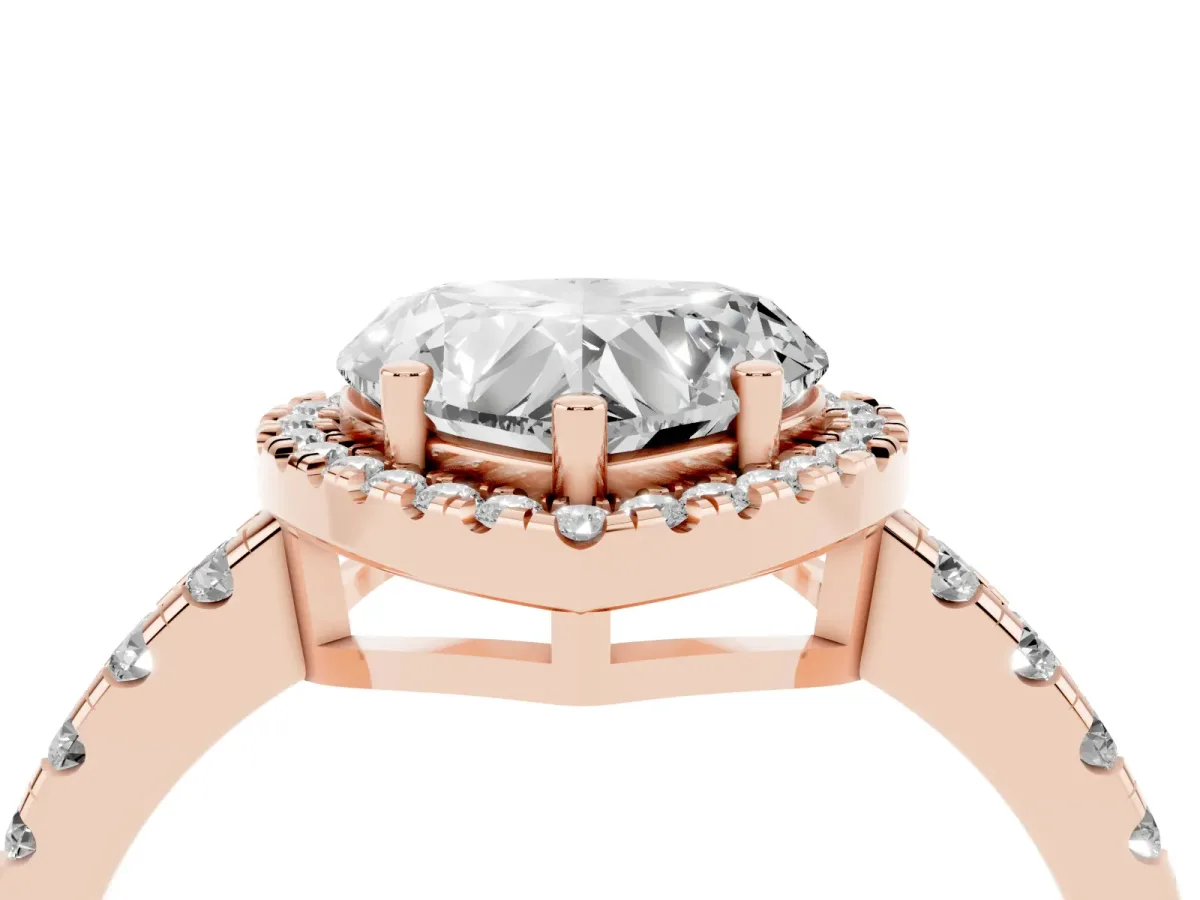 Heart Cut Diamond Halo Ring with Pavé Band and Four-Prong Setting Rose gold