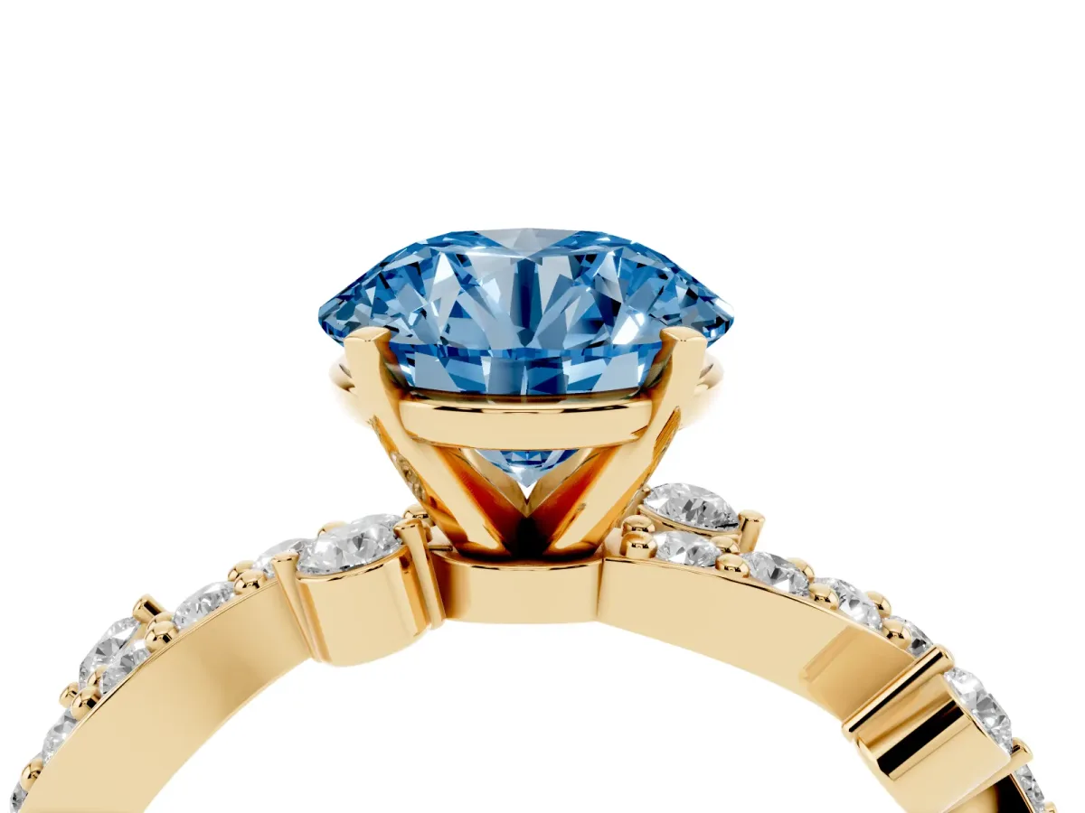 Fancy Blue Round Cut Cut Solitaire Diamond Twisted Band with Pave Setting Yellow gold