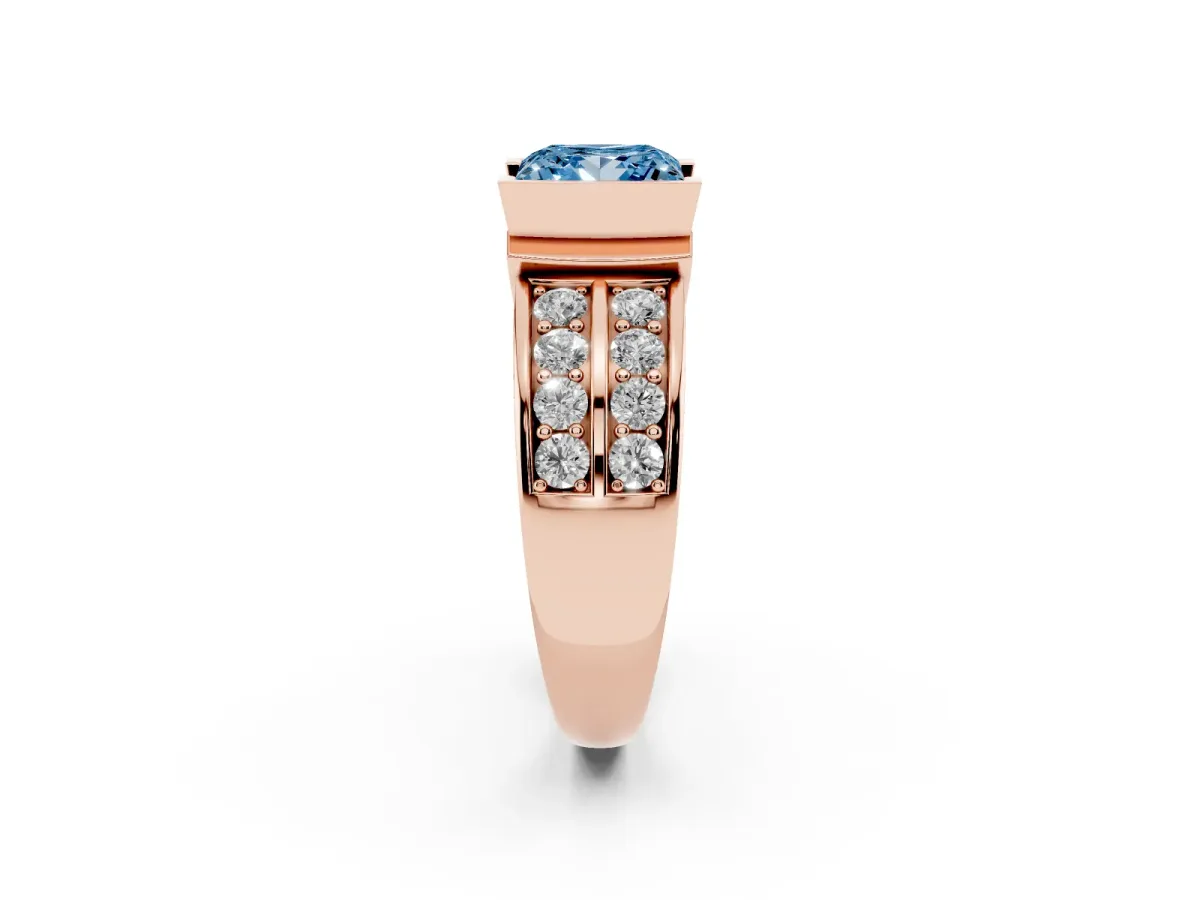 Fancy Blue Princess Cut Brilliant Diamond Channel Set Wide Band Ring with Bezel Setting Rose gold