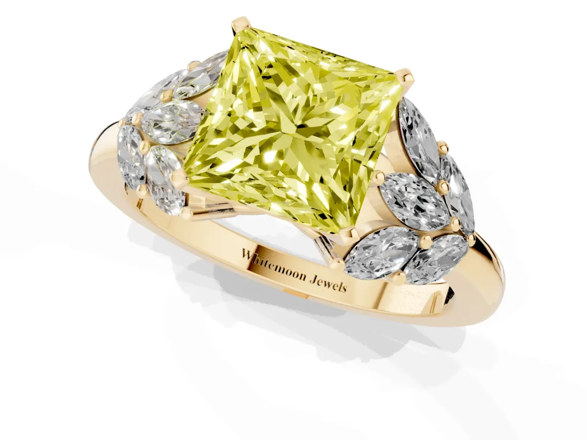 Fancy Yellow Princess Cut Diamond Cluster Leaf Design Ring with Prong Setting Yellow gold