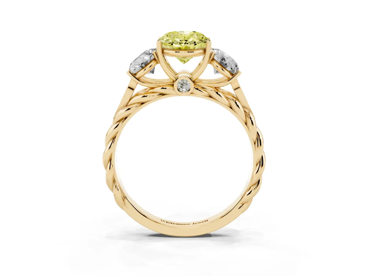 Fancy Yellow Three-Stone Oval Cut Diamond Braided Band Ring with Four-Prong Setting Yellow gold
