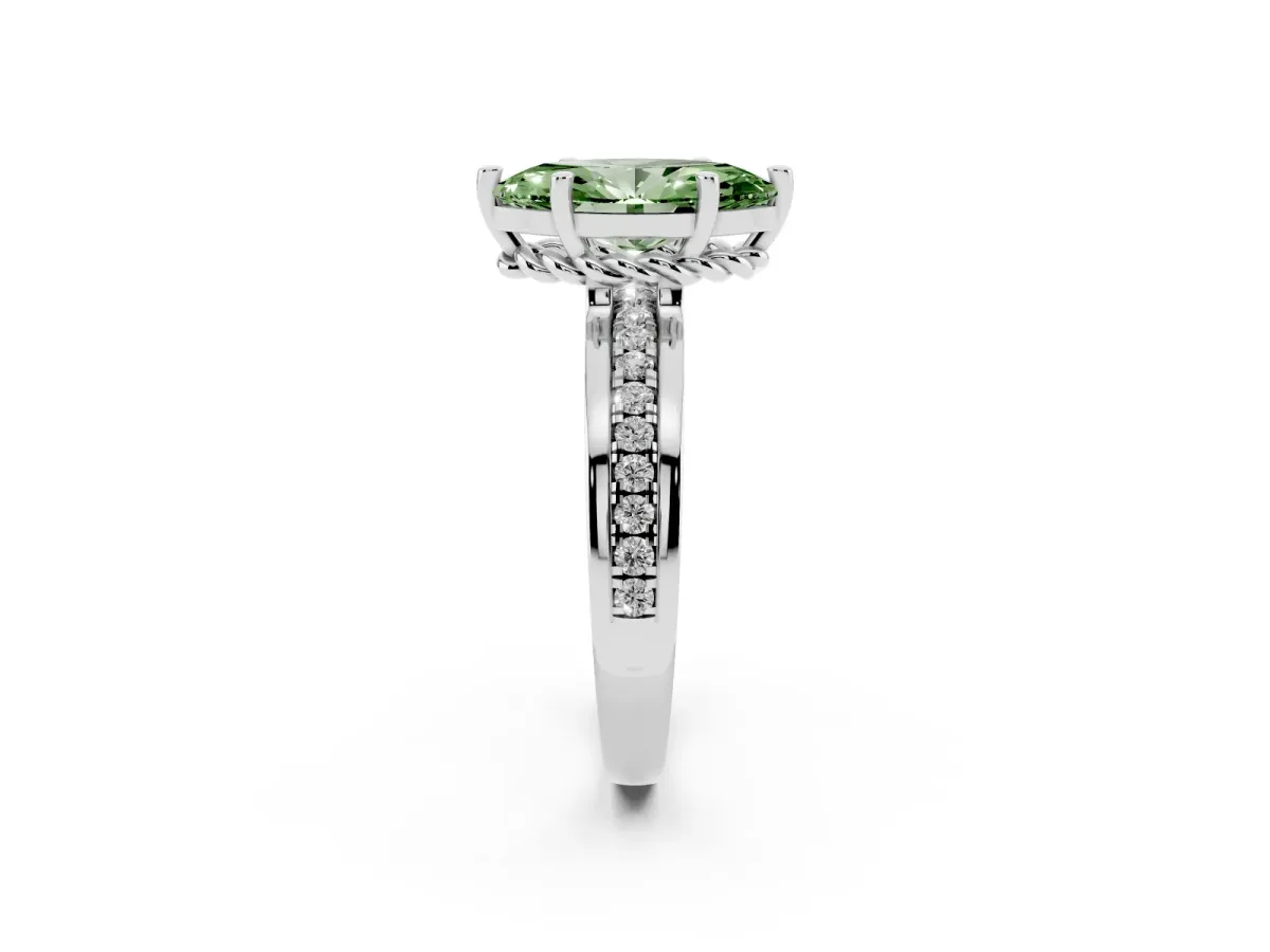 Fancy Green Marquise Cut Solitaire Diamond Ring with Channel Set Band and Six-Prong Setting Silver