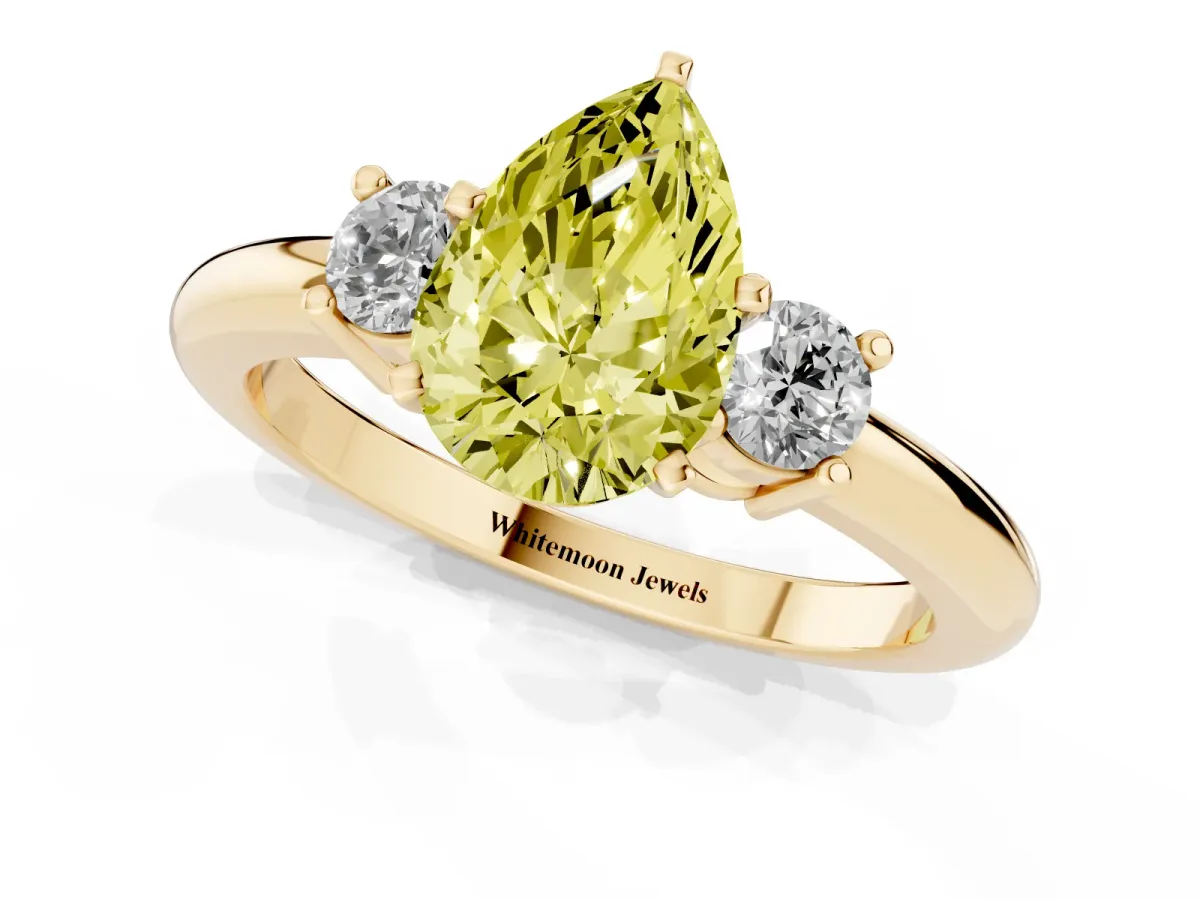 Fancy Yellow Three-Stone Pear Cut Cut Diamond Solitaire with Prong Setting and Classic Band Yellow gold