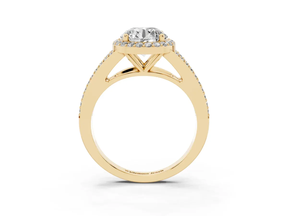 Round Cut Halo Split Shank Diamond Ring with Prong Setting Yellow gold