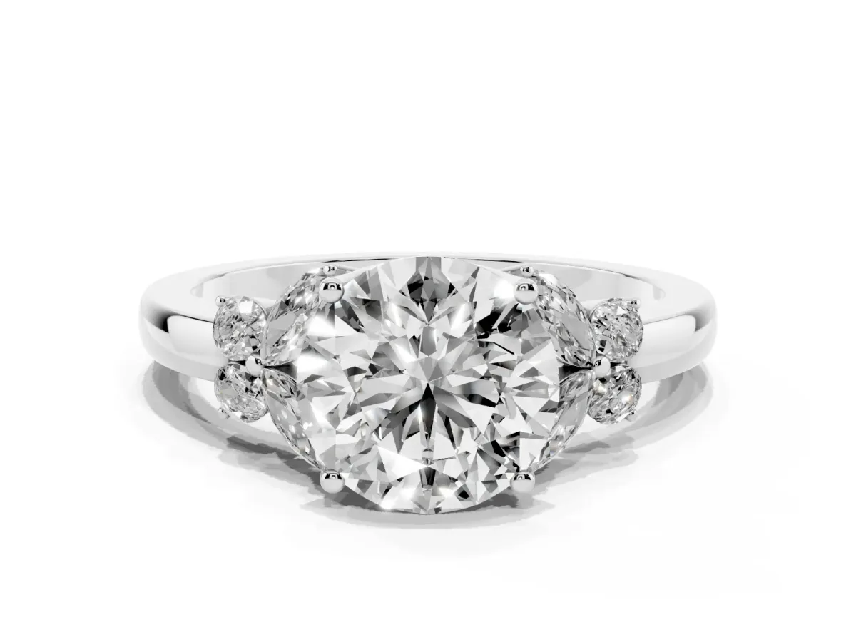 Round Cut Cut Solitaire Floral Diamond Ring with Four-Prong Setting Platinum