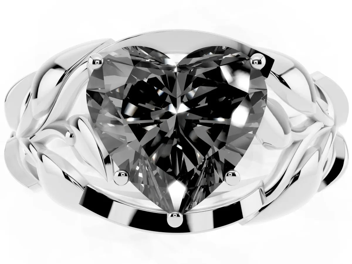 Fancy Black Heart Cut Diamond Leaf-Inspired Engagement Ring with Round Accents and Prong Setting Silver