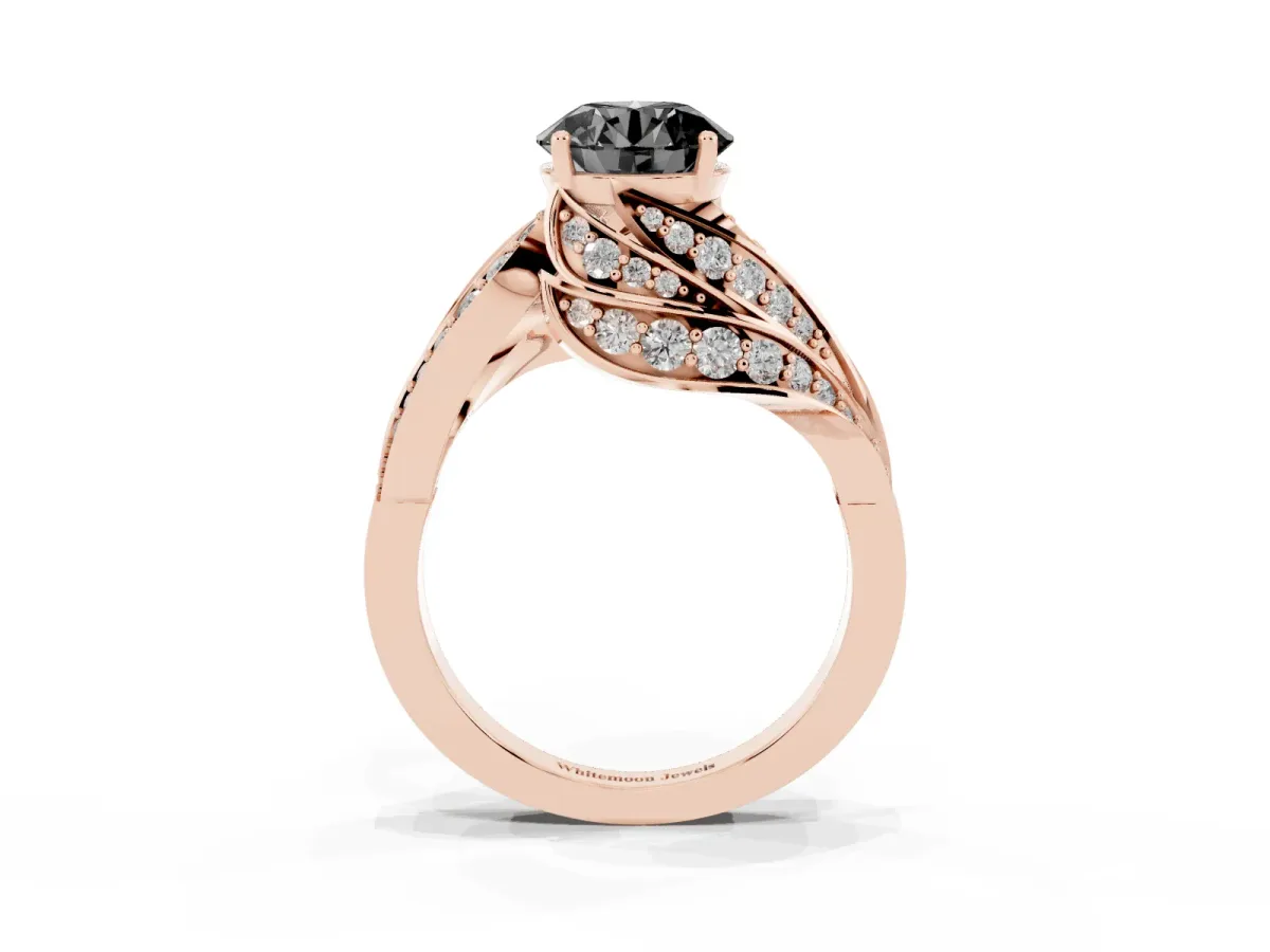 Fancy Black Round Cut Diamond Solitaire Ring with Prong Setting and Twisted Pavé Band Rose gold