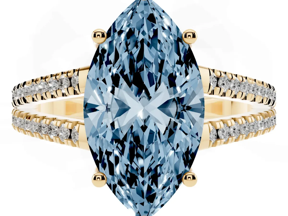 Fancy Blue Marquise Cut Diamond Solitaire Engagement Ring with Split Shank Pavé Band Yellow gold