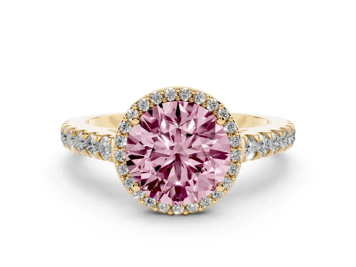 Fancy Pink Round Cut Cut Halo Diamond Engagement Ring with Pave Band and Four-Prong Setting Yellow gold