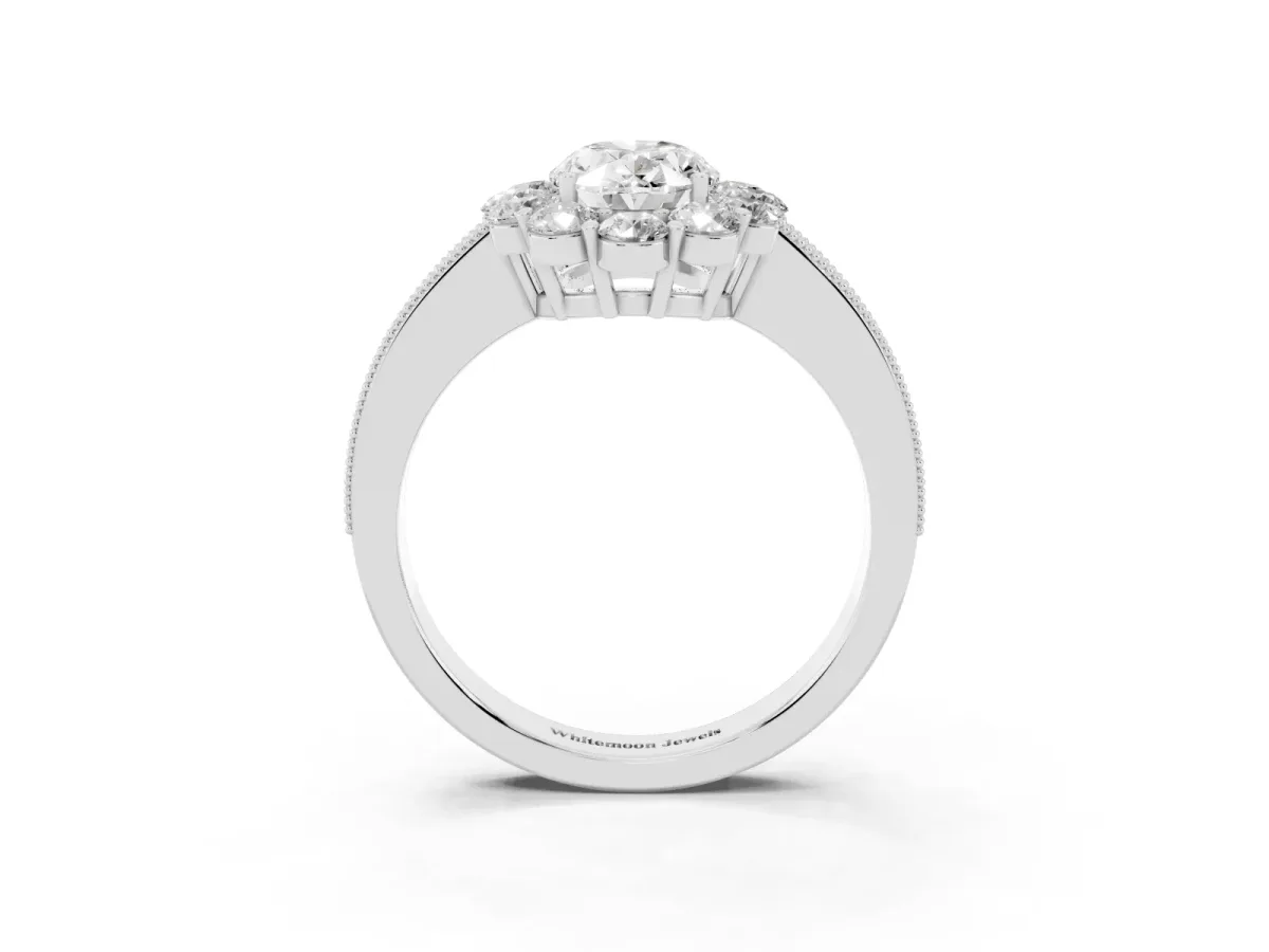 Oval Cut Cut Halo Diamond Pavé Engagement Ring with Milgrain Detailing Silver