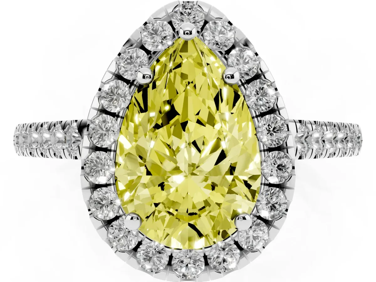 Fancy Yellow Pear Cut Halo Pavé Diamond Engagement Ring with Four-Prong Setting Silver