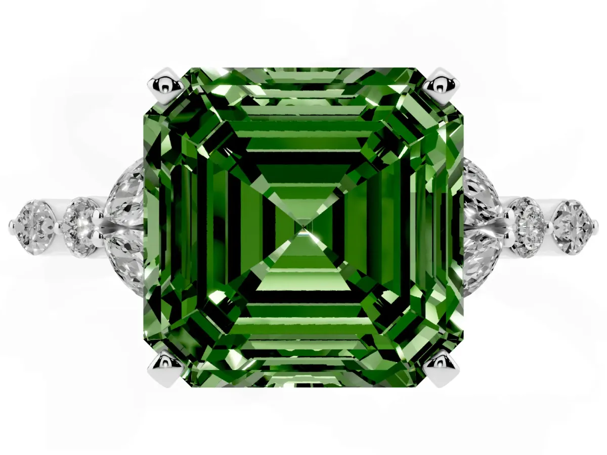 Fancy Green Asscher Cut Diamond Solitaire Ring with Side Stones and Four-Prong Setting Silver