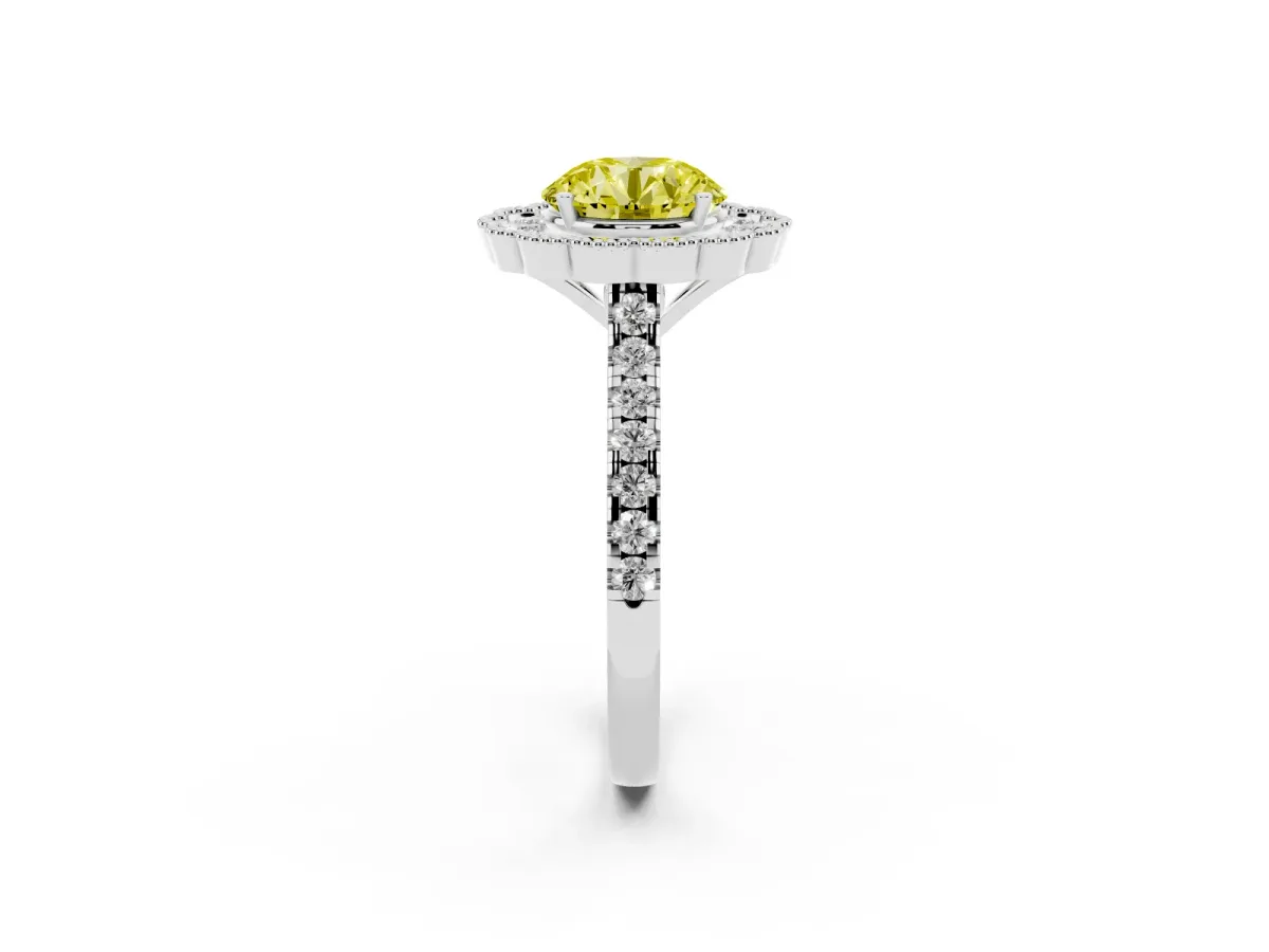 Fancy Yellow Round Cut Cut Diamond Milgrain Floral Halo Engagement Ring with Pavé Band Platinum