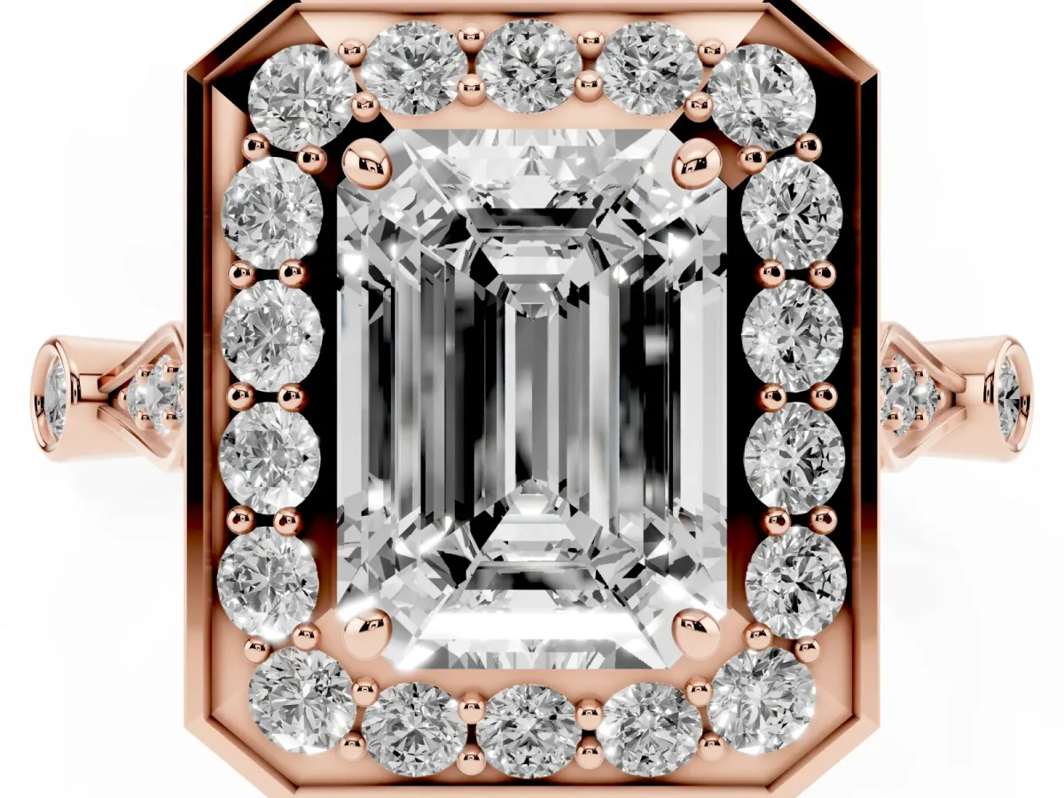 Emerald Cut Halo Diamond Engagement Ring with Twisted Band and Four-Prong Setting Rose gold