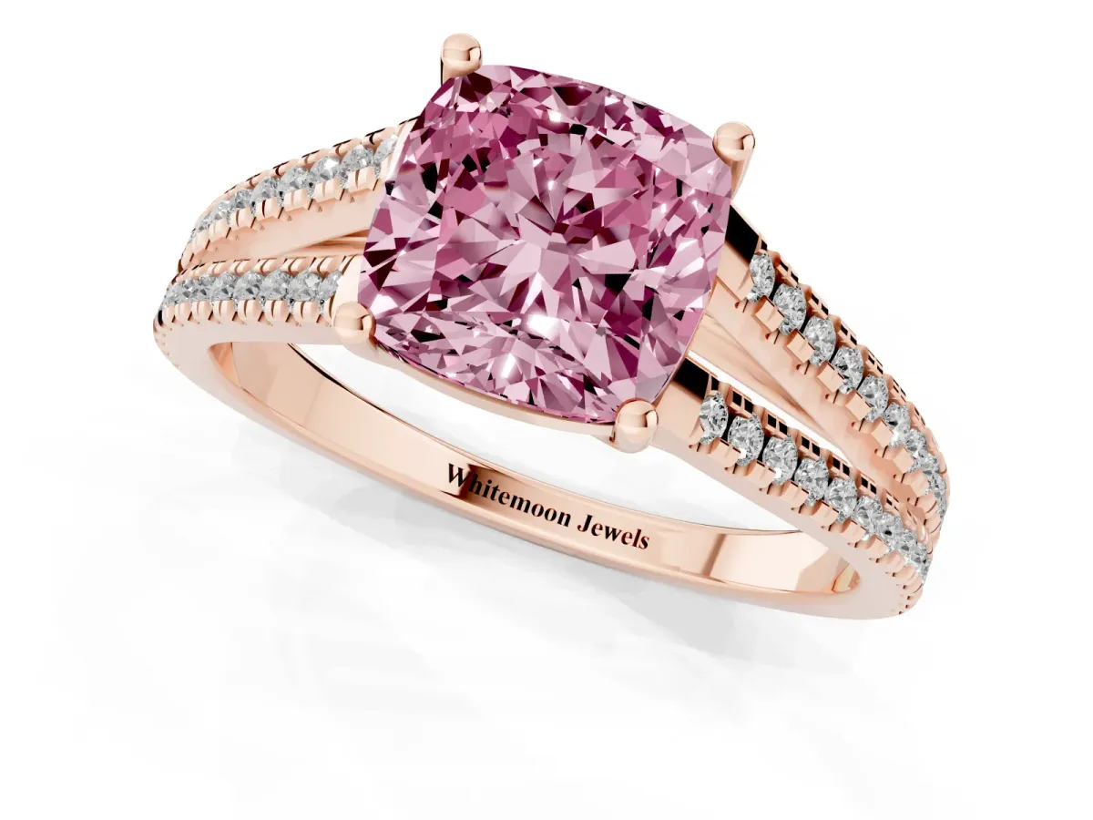 Fancy Pink Cushion Cut Diamond Solitaire Engagement Ring with Split Shank Pavé Band Rose gold