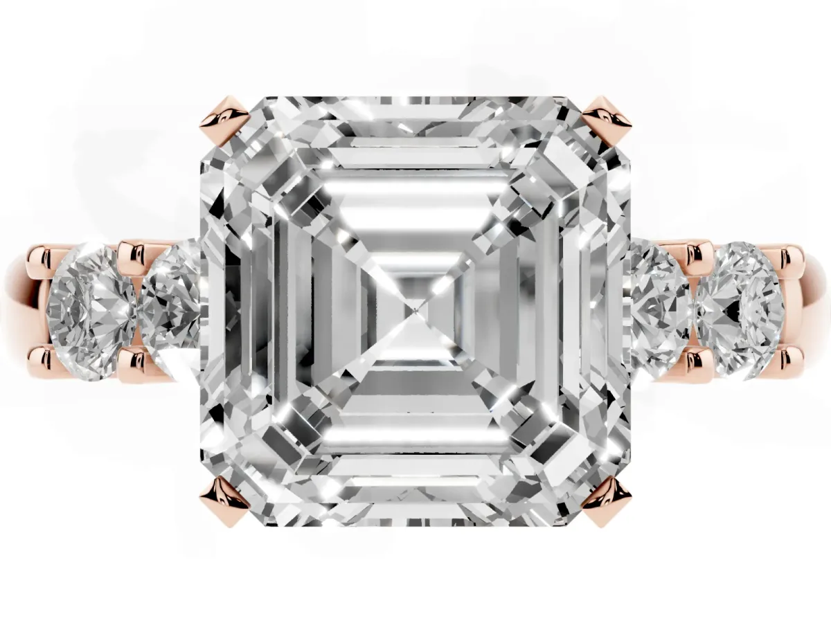 Asscher Cut Brilliant Cut Diamond Five-Stone Prong Set Engagement Ring with Channel Band Rose gold