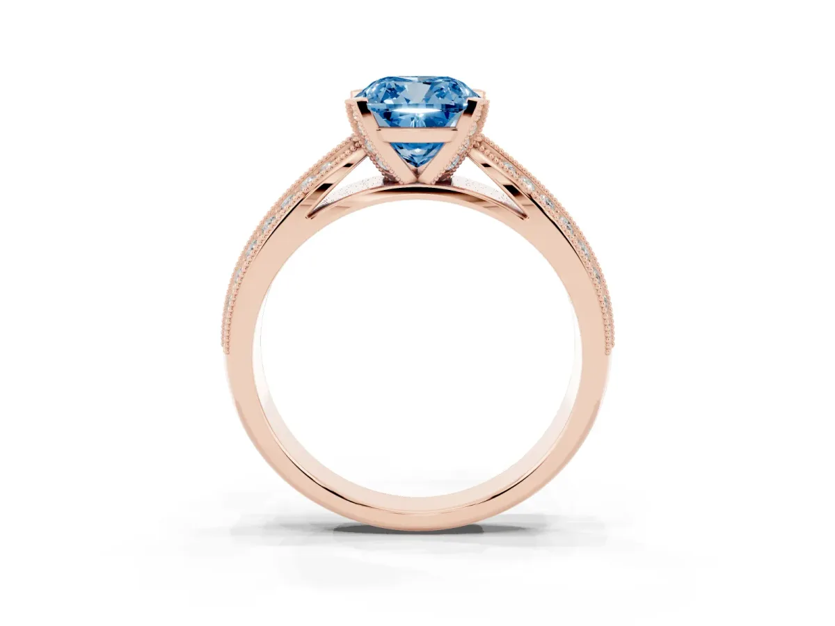 Fancy Blue Cushion Cut Diamond Solitaire Ring with Milgrain Round Pavé Band and Prong Setting Rose gold