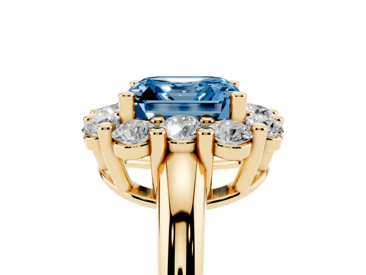 Fancy Blue Asscher Cut Halo Cluster Diamond Engagement Ring with Prong Setting and Polished Band Yellow gold