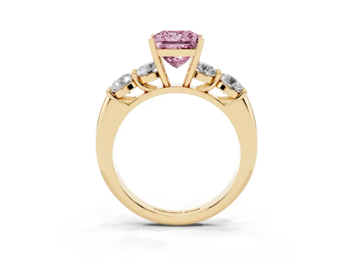 Fancy Pink Princess Cut Cut Five-Stone Prong Set Diamond Ring with Classic Band Yellow gold
