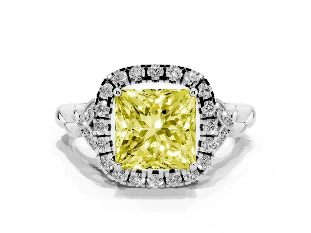 Fancy Yellow Princess Cut Halo Diamond Engagement Ring with Vintage-Inspired Band and Four-Prong Setting White gold