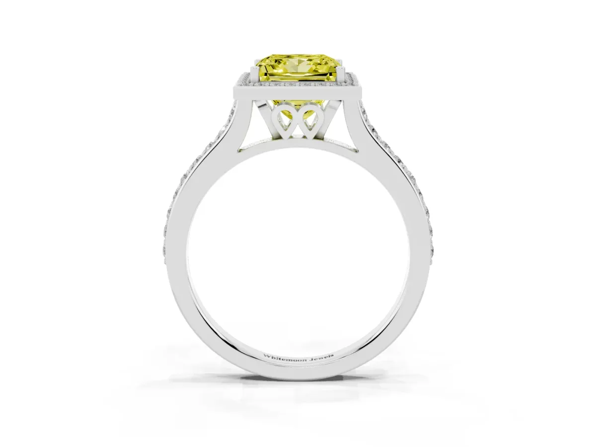 Fancy Yellow Princess Cut Diamond Halo Engagement Ring with Round Pavé Shoulders and Prong Setting Platinum