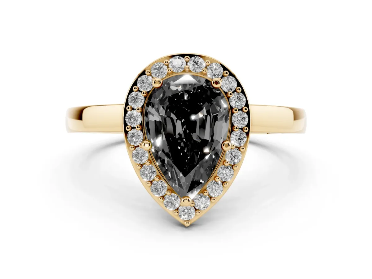 Fancy Black Pear Cut Halo Diamond Ring with Solitaire Band and Prong Setting Yellow gold