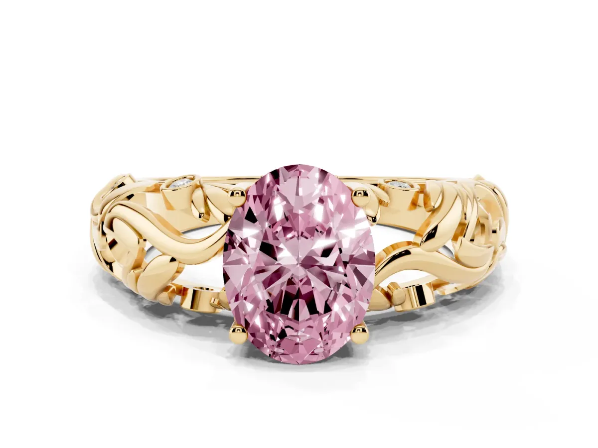 Fancy Pink Oval Cut Solitaire Diamond Leaf-Inspired Vine Band Ring with Prong Setting Yellow gold