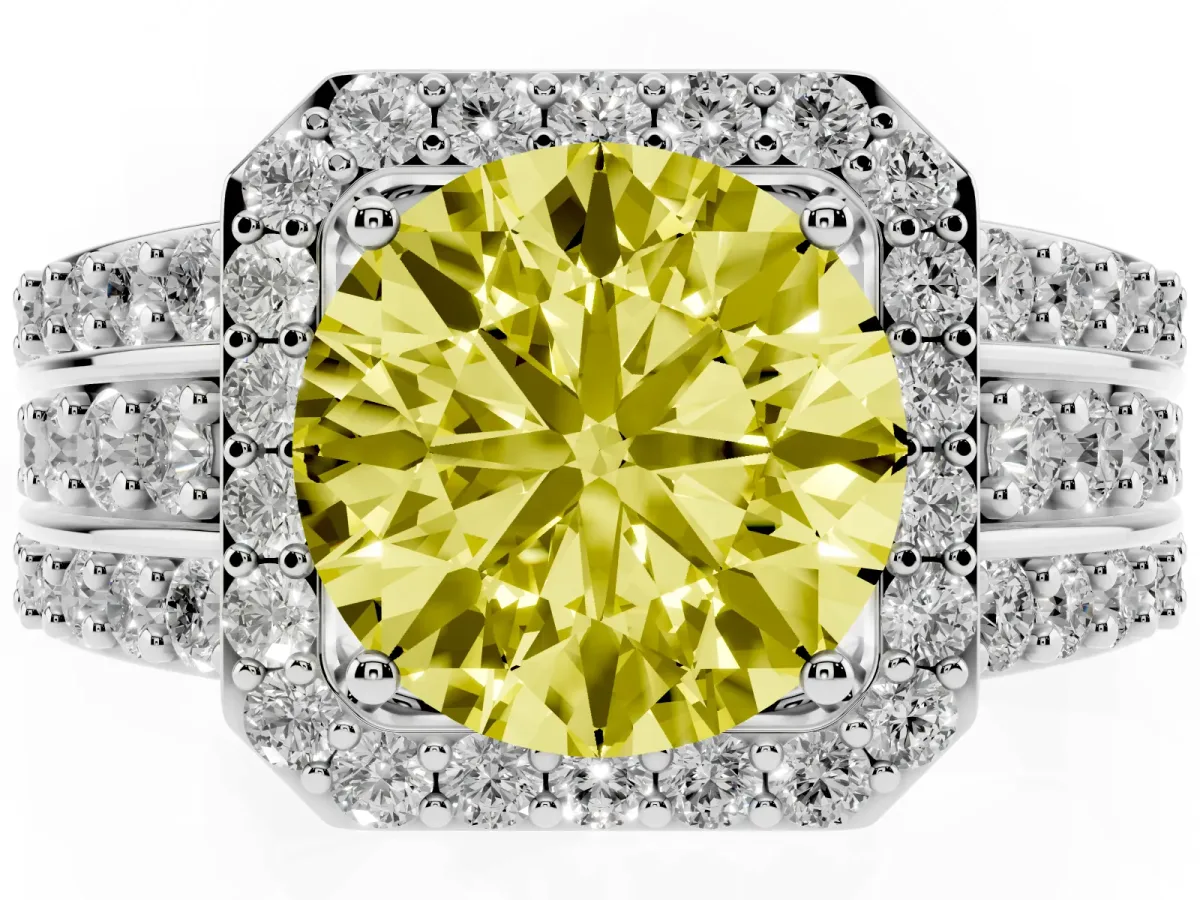 Fancy Yellow Round Cut Halo Diamond Ring with Round Split Shank and Prong Setting Platinum