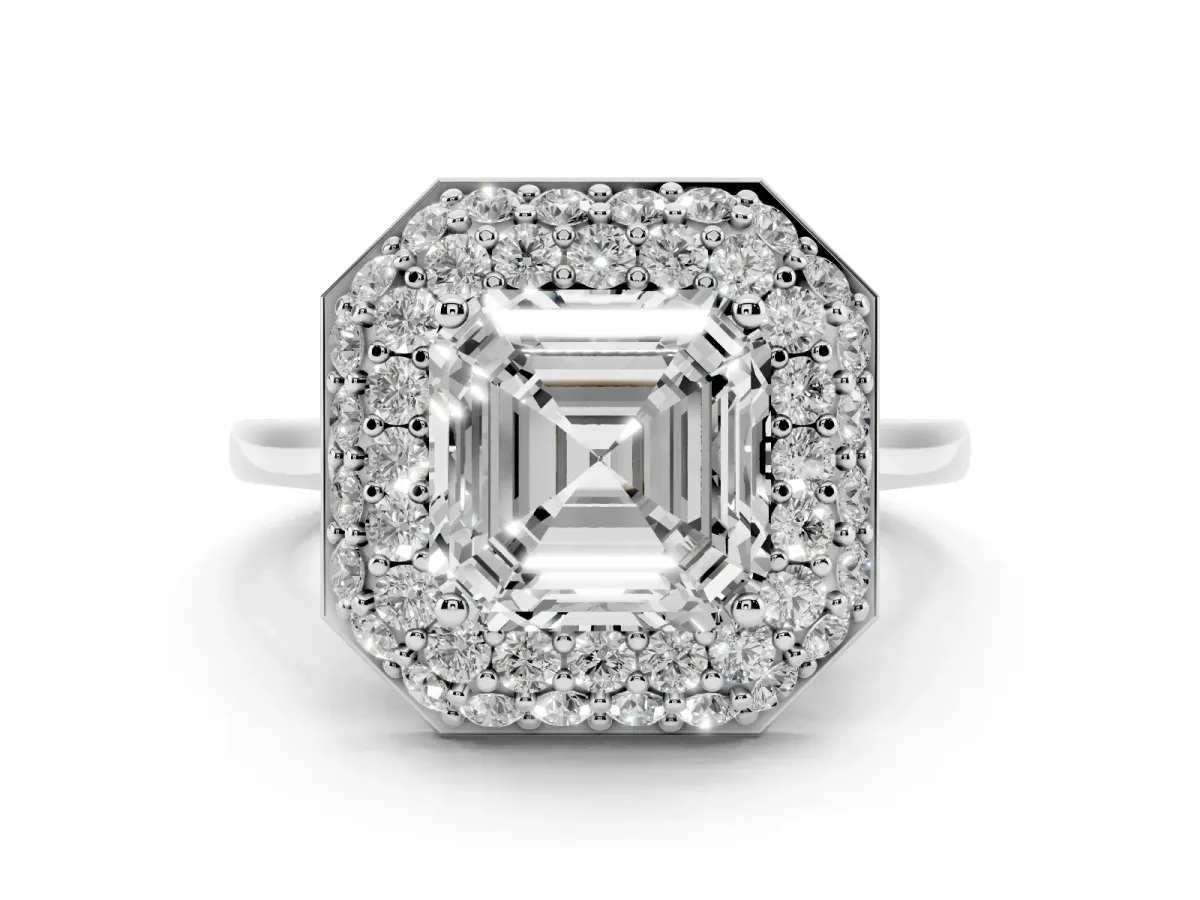 Asscher Cut Halo Diamond Engagement Ring with Solitaire Band and Four-Prong Setting Silver