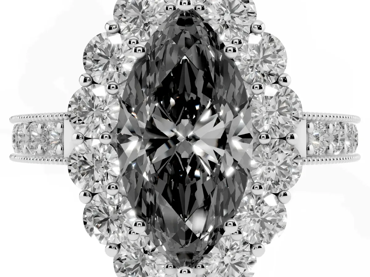 Fancy Black Marquise Cut Cut Halo Diamond Pavé Engagement Ring with Milgrain Detailing Silver