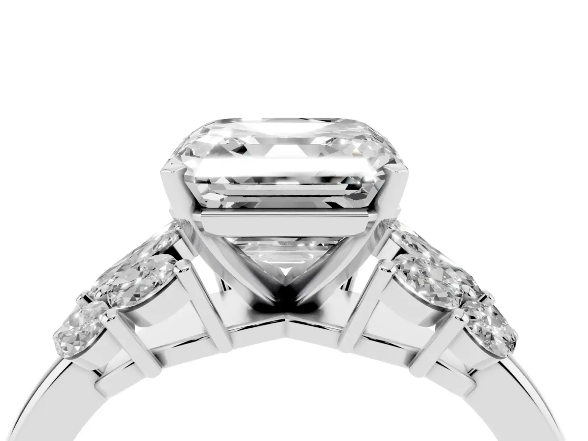 Asscher Cut Diamond Cluster Leaf Design Ring with Prong Setting White gold