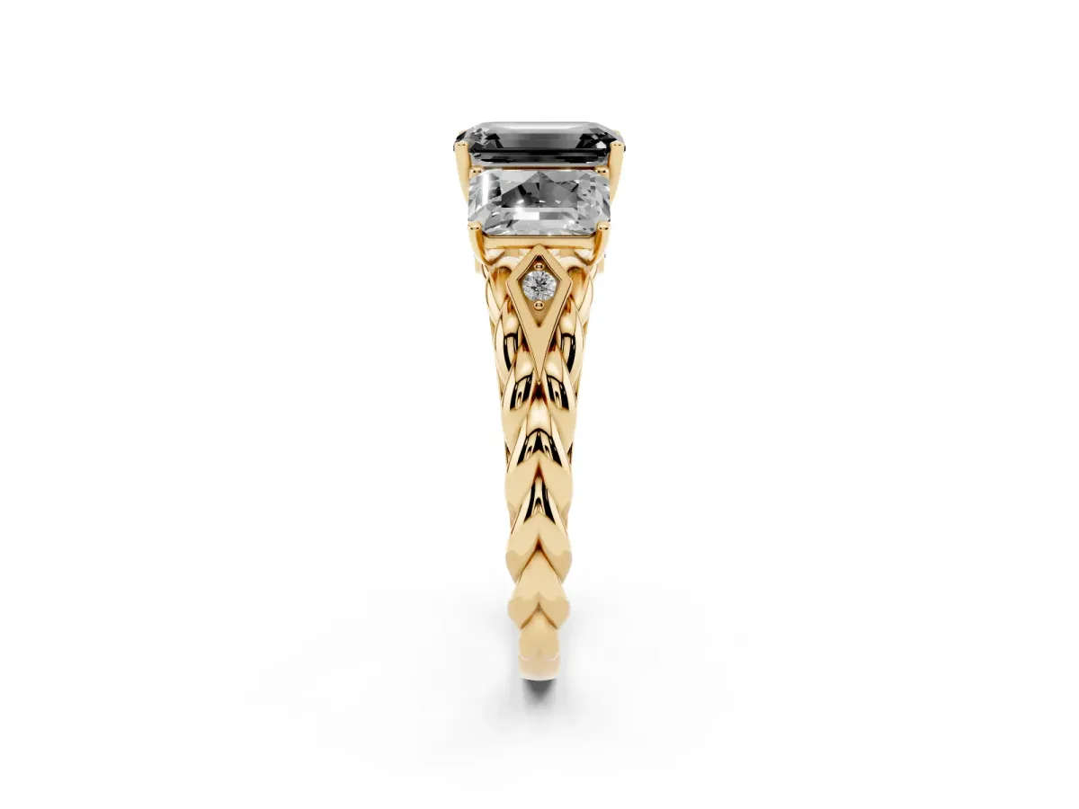 Fancy Black Three-Stone Emerald Cut Diamond Braided Band Ring with Four-Prong Setting Yellow gold