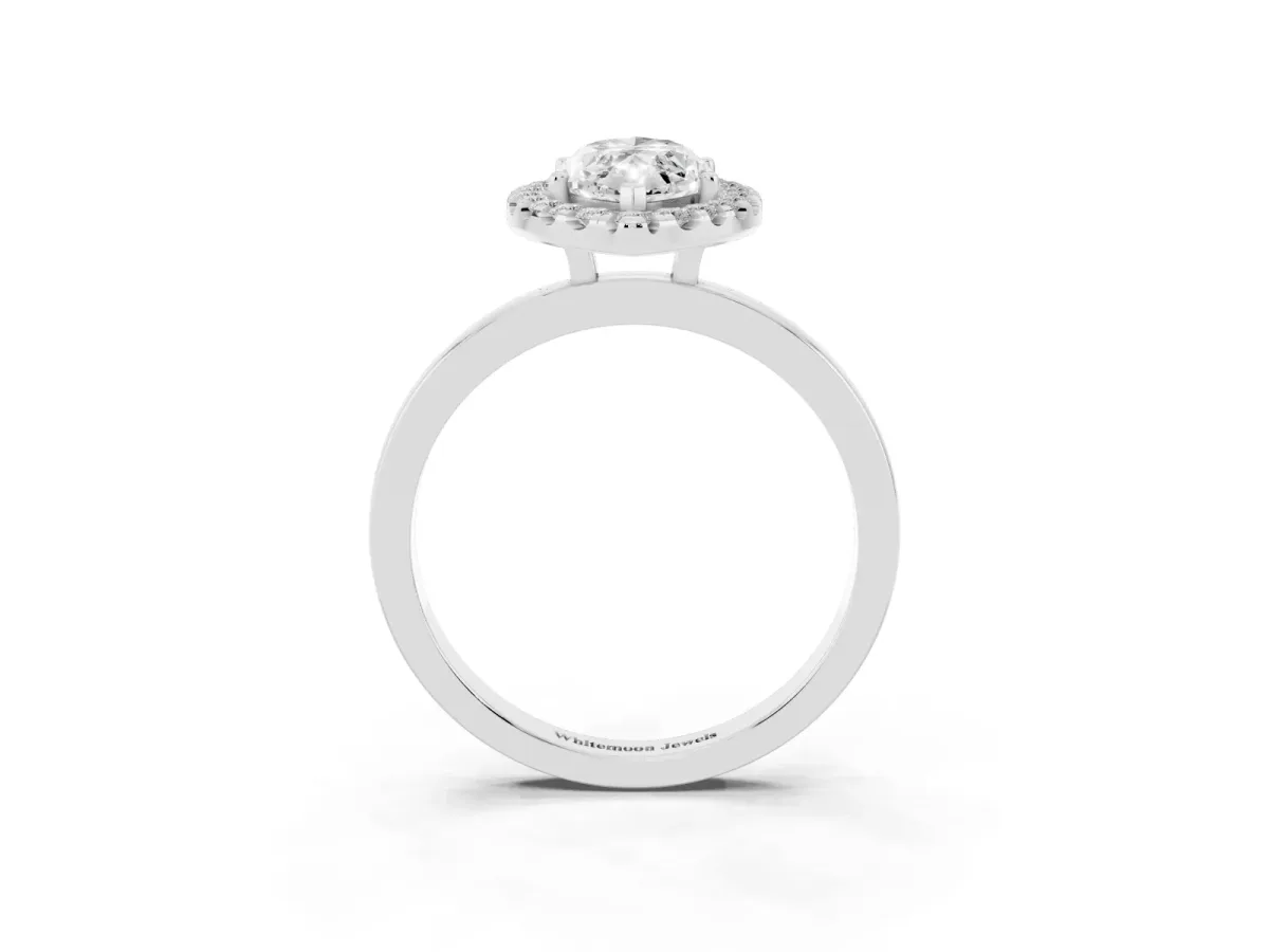 Marquise Cut Halo Diamond Solitaire with Pavé Band and Four-Prong Setting White gold
