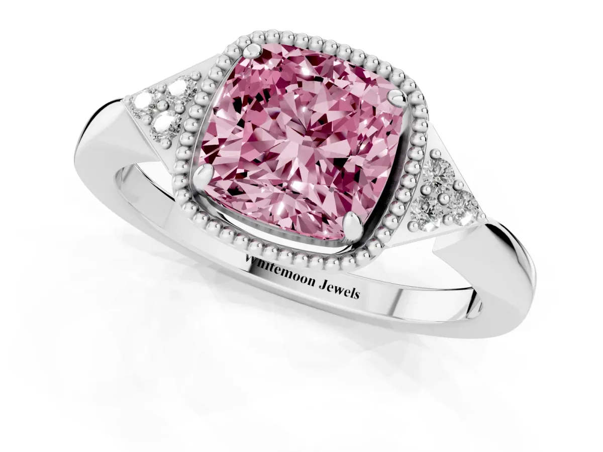 Fancy Pink Hexagonal Halo Cushion Cut Diamond Solitaire with Pavé Band and Four-Prong Setting Silver