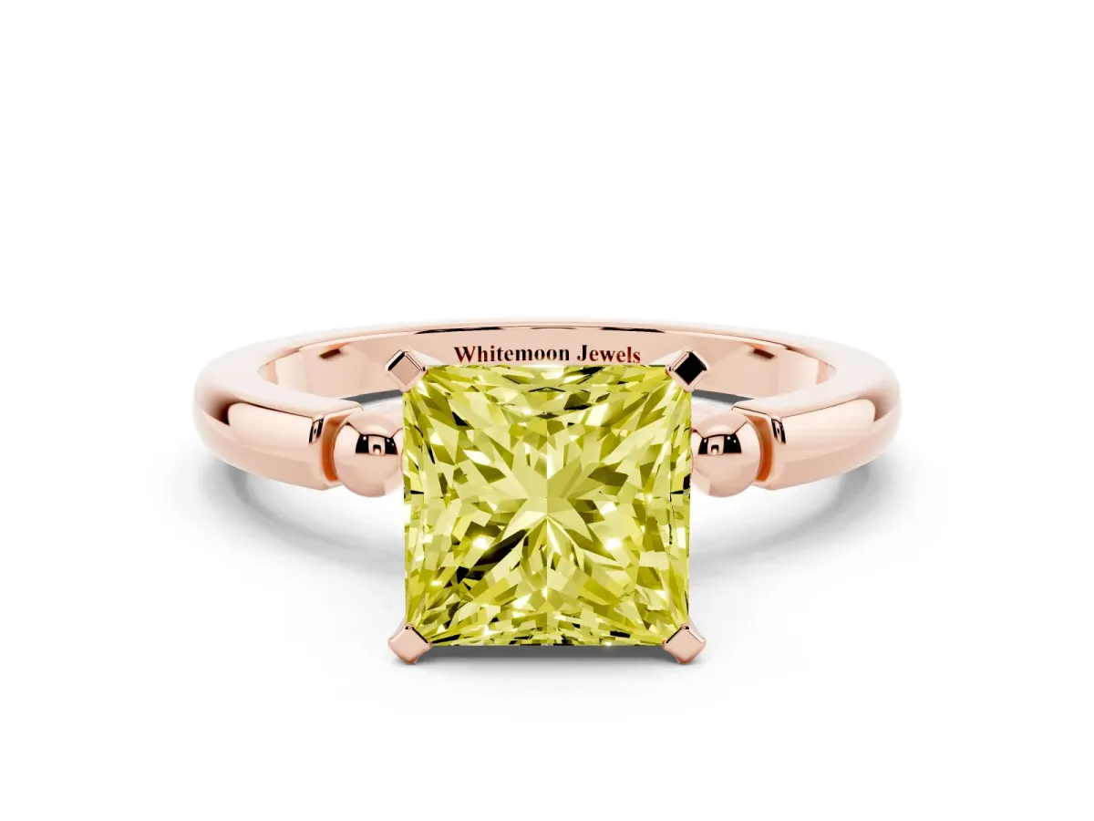 Fancy Yellow Princess Cut Solitaire Beaded Band with Four-Prong Setting Rose gold